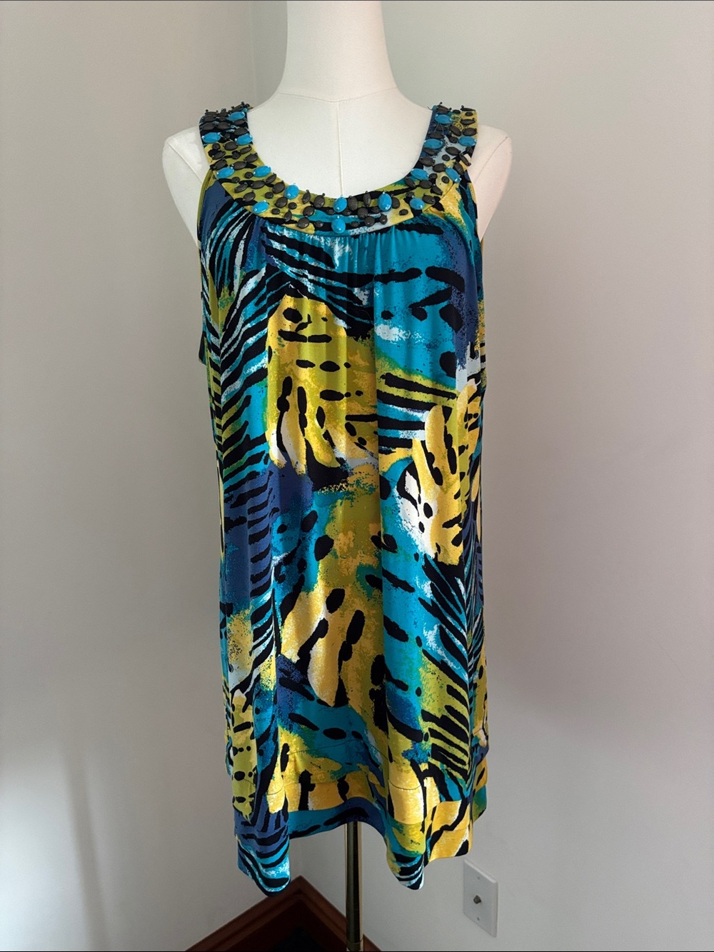 Style & Co. Teal Blue Yellow Beaded Scoop-Neck Sleeveless Tunic
